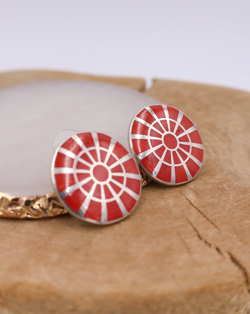ROUND RED CORAL INLAY EARRING