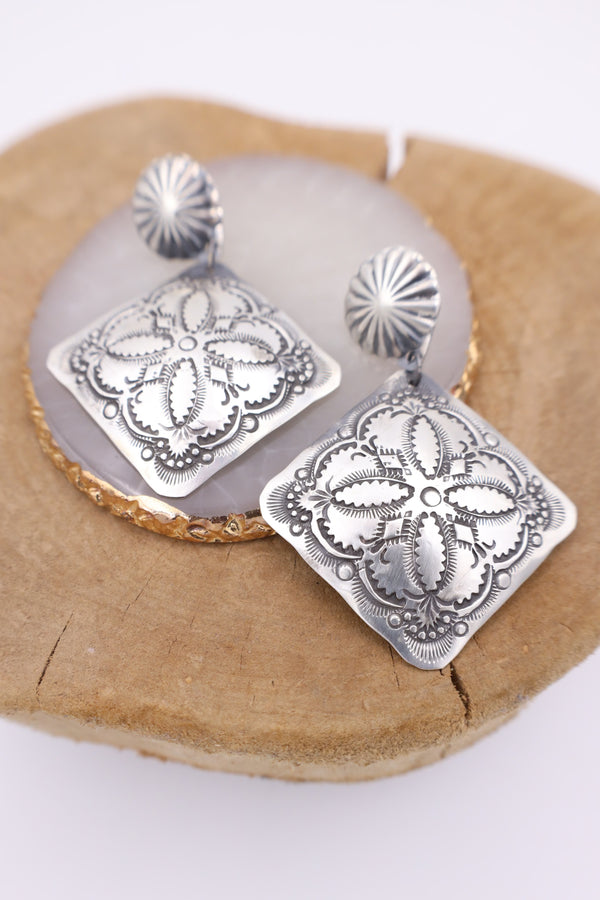 LARGE STERLING SILVER SQUARE CONCHOS EARRING