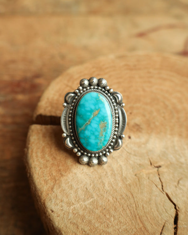 Oval Turquoise Ornate Frame Ring- Size 7.5