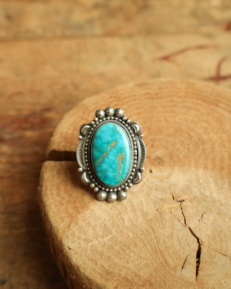 Oval Turquoise Ornate Frame Ring- Size 7.5