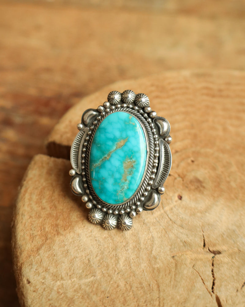 Oval Turquoise Ornate Frame Ring- Size 7.5