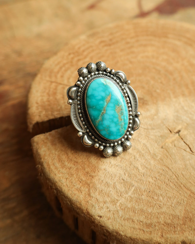 Oval Turquoise Ornate Frame Ring- Size 7.5