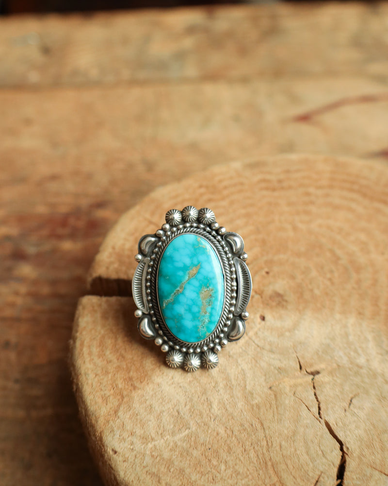 Oval Turquoise Ornate Frame Ring- Size 7.5