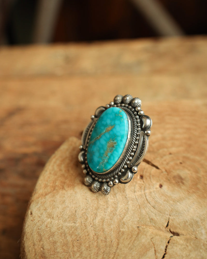 Oval Turquoise Ornate Frame Ring- Size 7.5