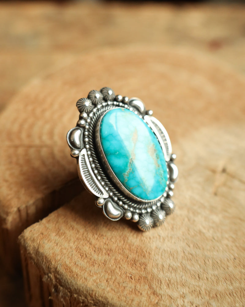 Oval Turquoise Ornate Frame Ring- Size 7.5