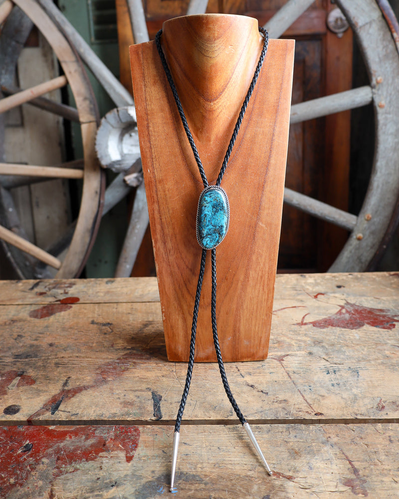 Turquoise Oblong Black Leather Bolo