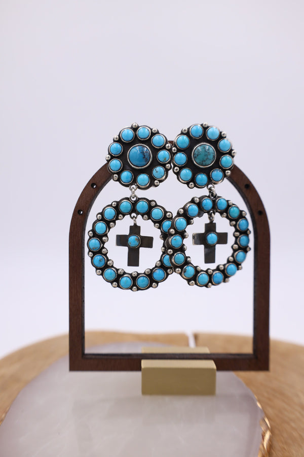 TURQUOISE ROUNDS HOOP WITH CROSS EARRING