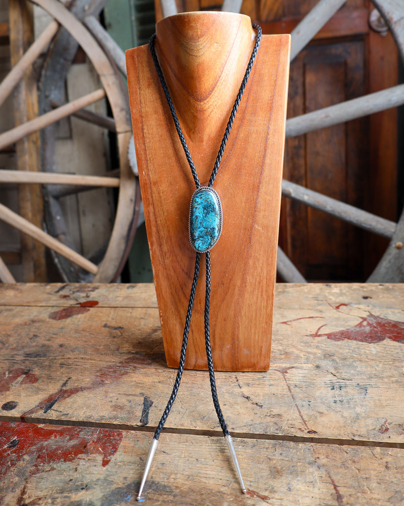 Turquoise Oblong Black Leather Bolo