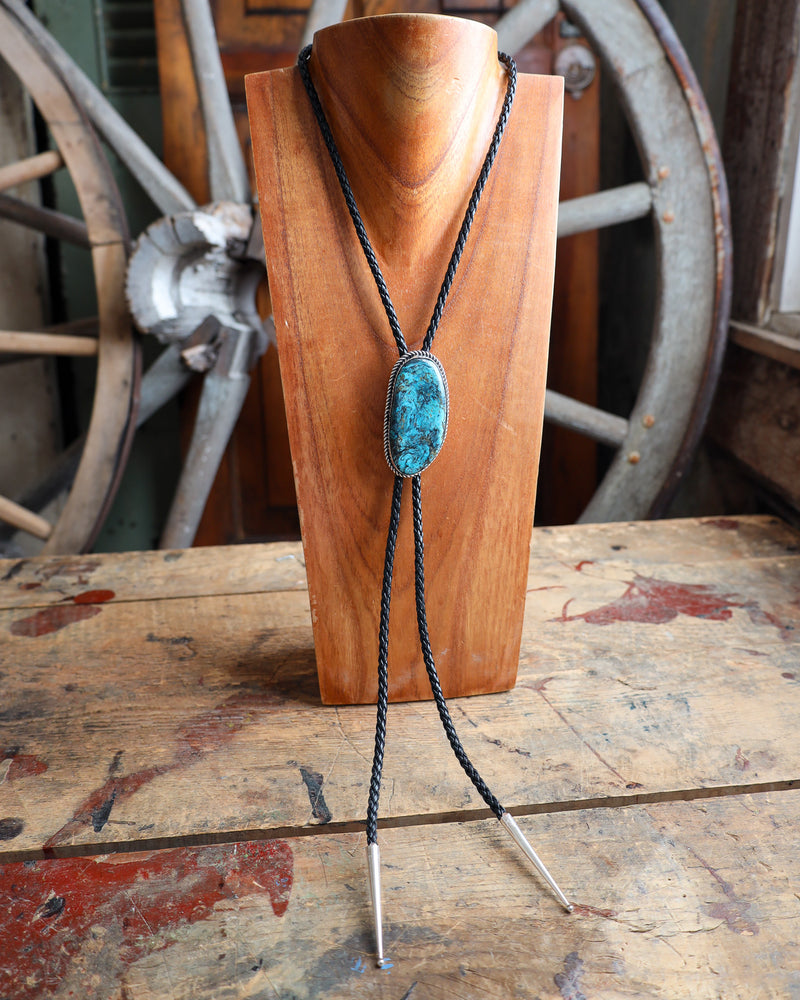 Turquoise Oblong Black Leather Bolo