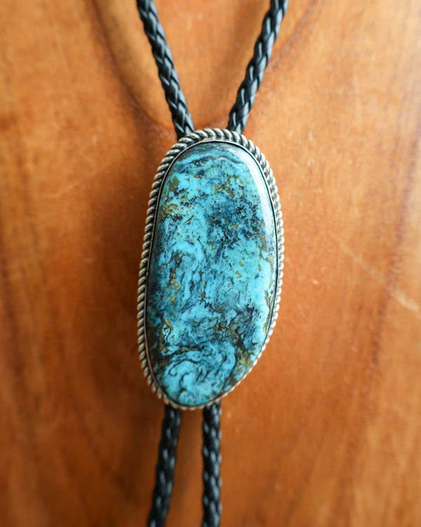 Turquoise Oblong Black Leather Bolo