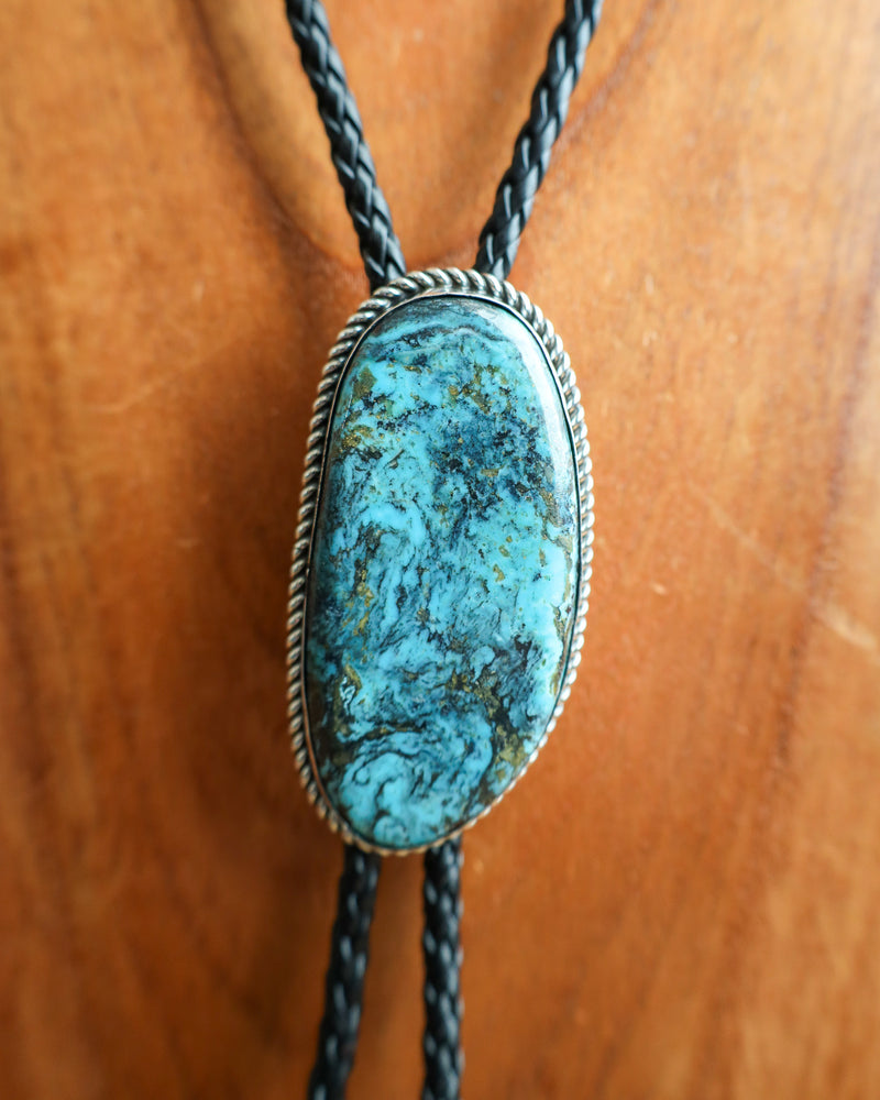 Turquoise Oblong Black Leather Bolo