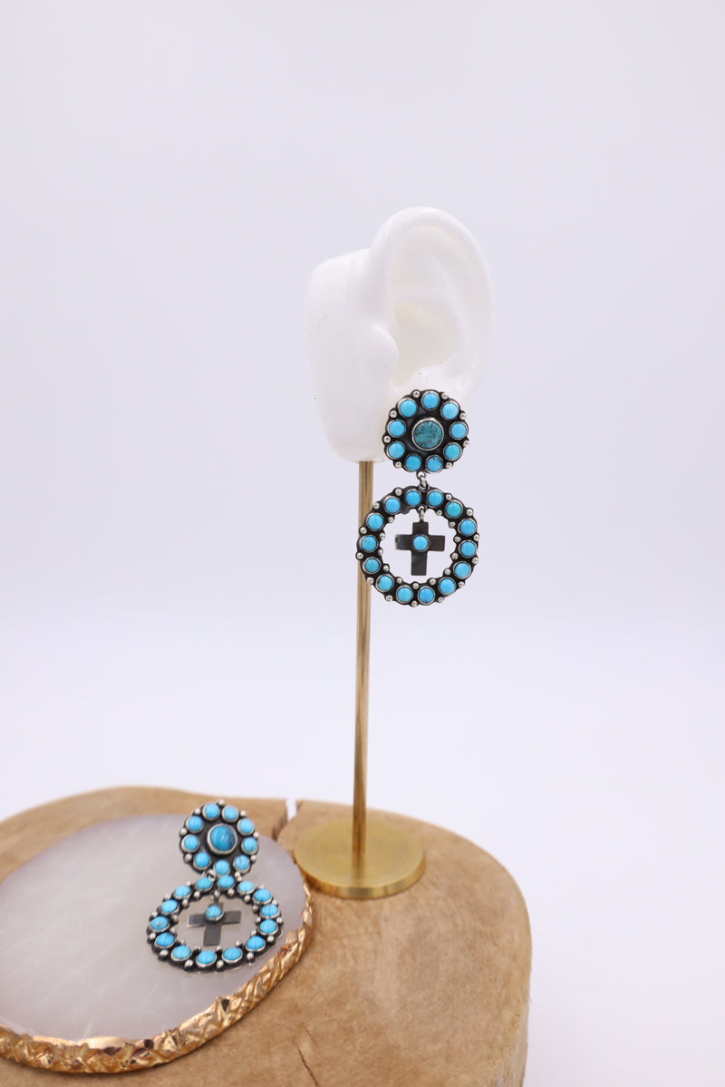 TURQUOISE ROUNDS HOOP WITH CROSS EARRING