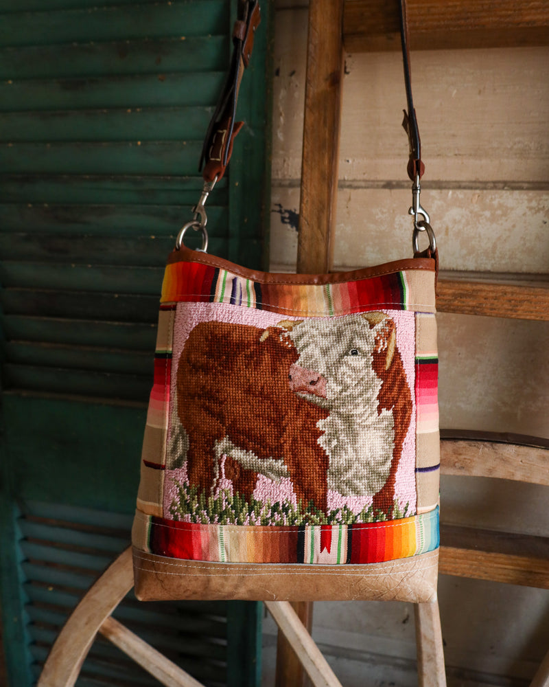 Totem Vintage Needlepoint Bull and Leather Belt Tote