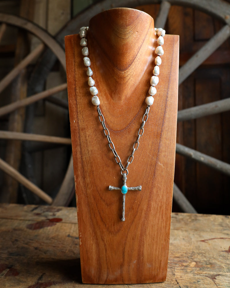 Love Tokens Cross With Turquoise Pearls Necklace