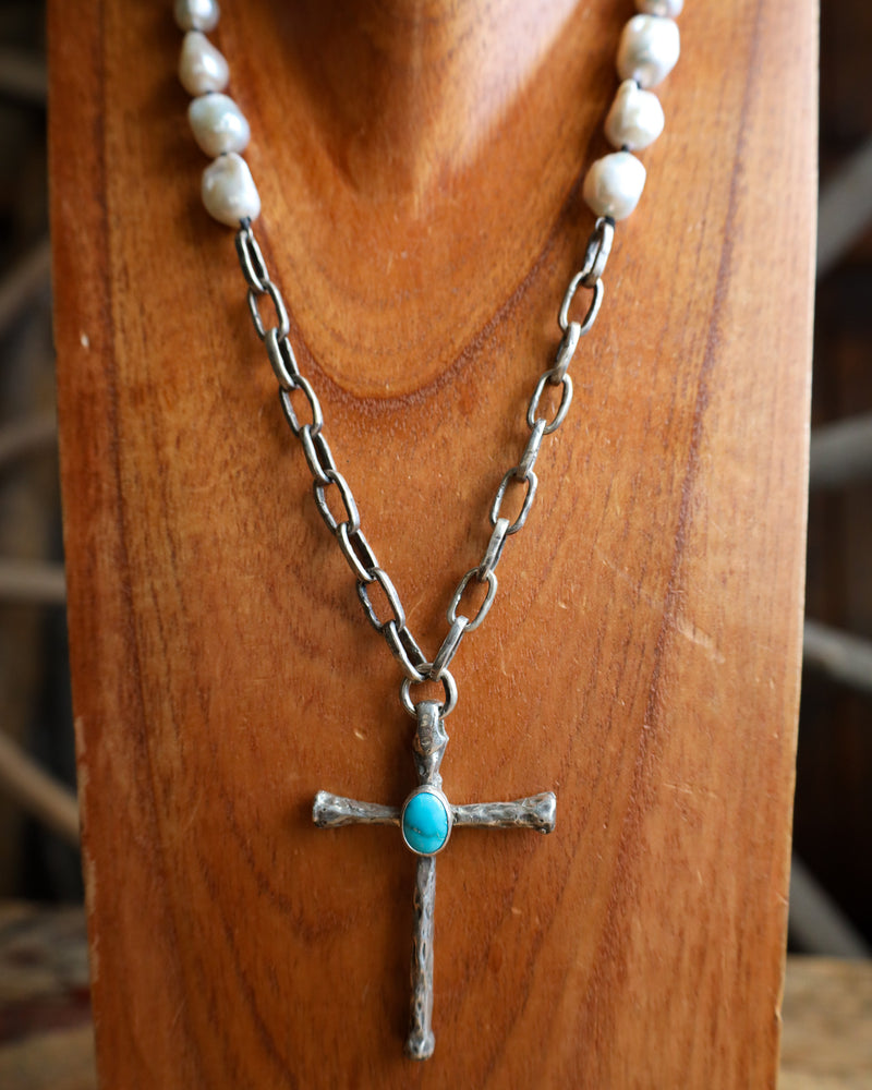 Love Tokens Cross With Turquoise Pearls Necklace