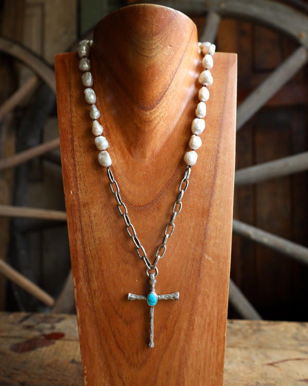 Love Tokens Cross With Turquoise Pearls Necklace