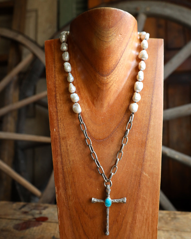 Love Tokens Cross With Turquoise Pearls Necklace