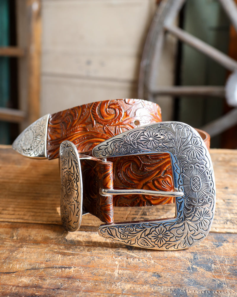 STREETS AHEAD TOOLED BIG BUCKLE BELT- COGNAC