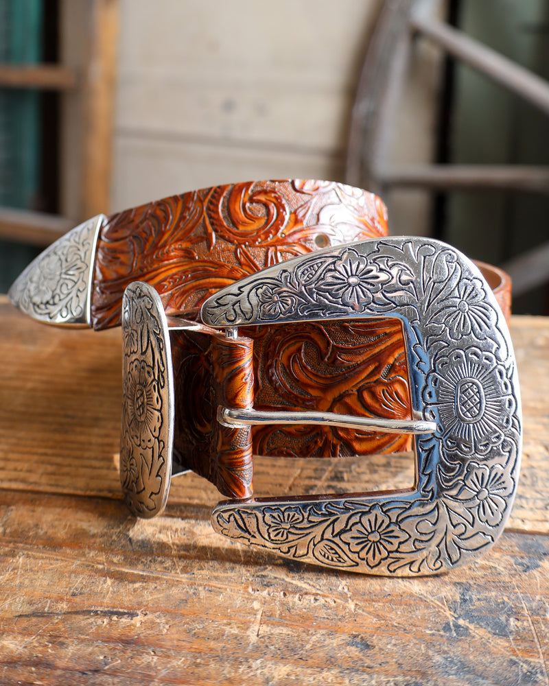 STREETS AHEAD TOOLED BIG BUCKLE BELT- COGNAC