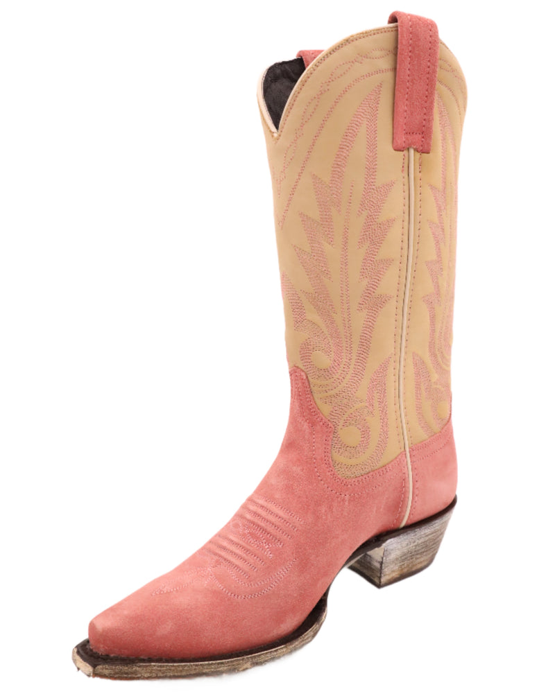 13" cowboy boot with pink rough out camp and tan shaft with pink western stitching