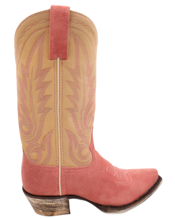 13" cowboy boot with pink rough out camp and tan shaft with pink western stitching