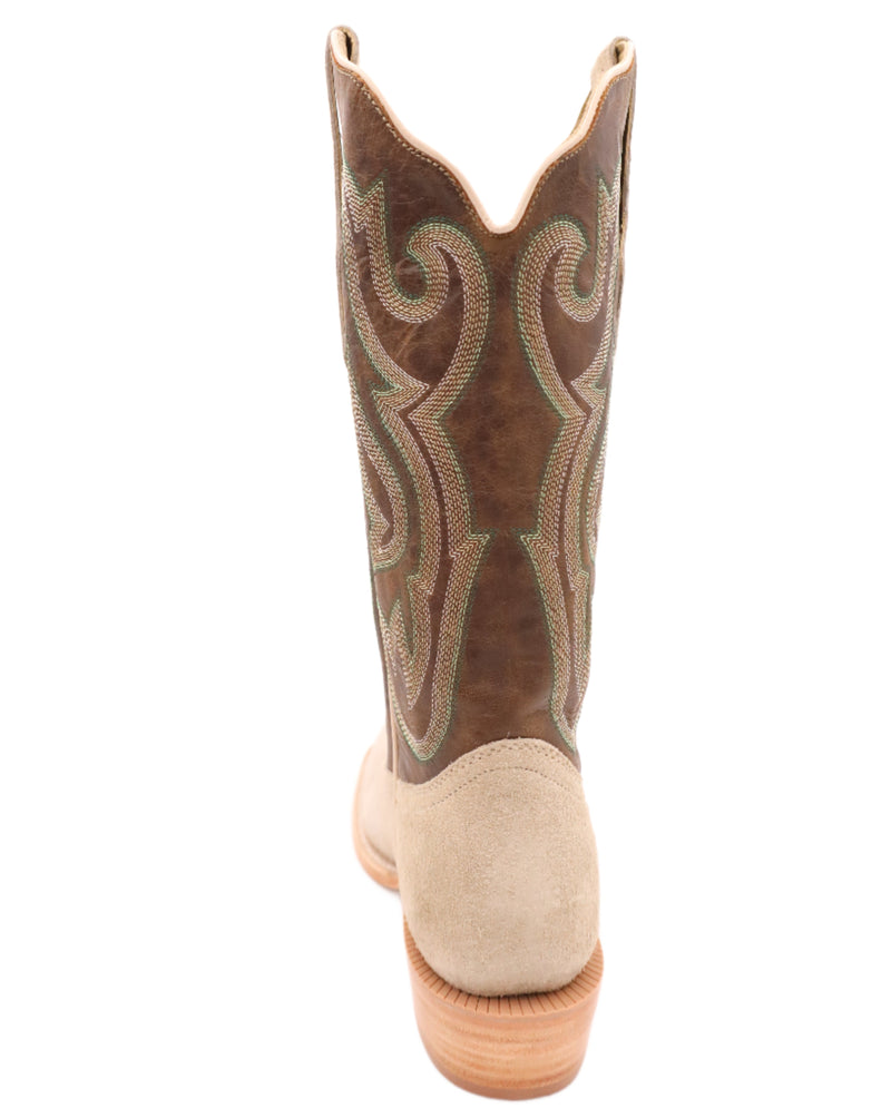 Women's rough out boar skin camp boot with brown calf skin shaft cowboy boot