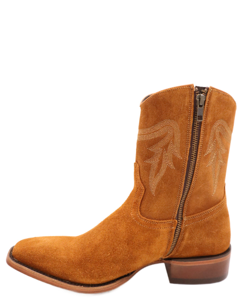 Men's short roughout boot with zippers on the inside of the shaft with narrow square toe in a cognac color
