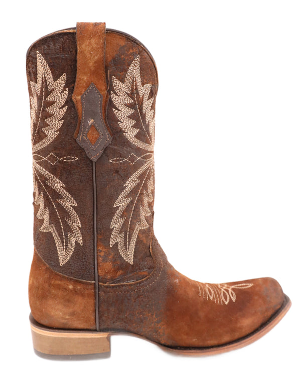 Intentionally distressed brown cowboy boots with narrow square toe