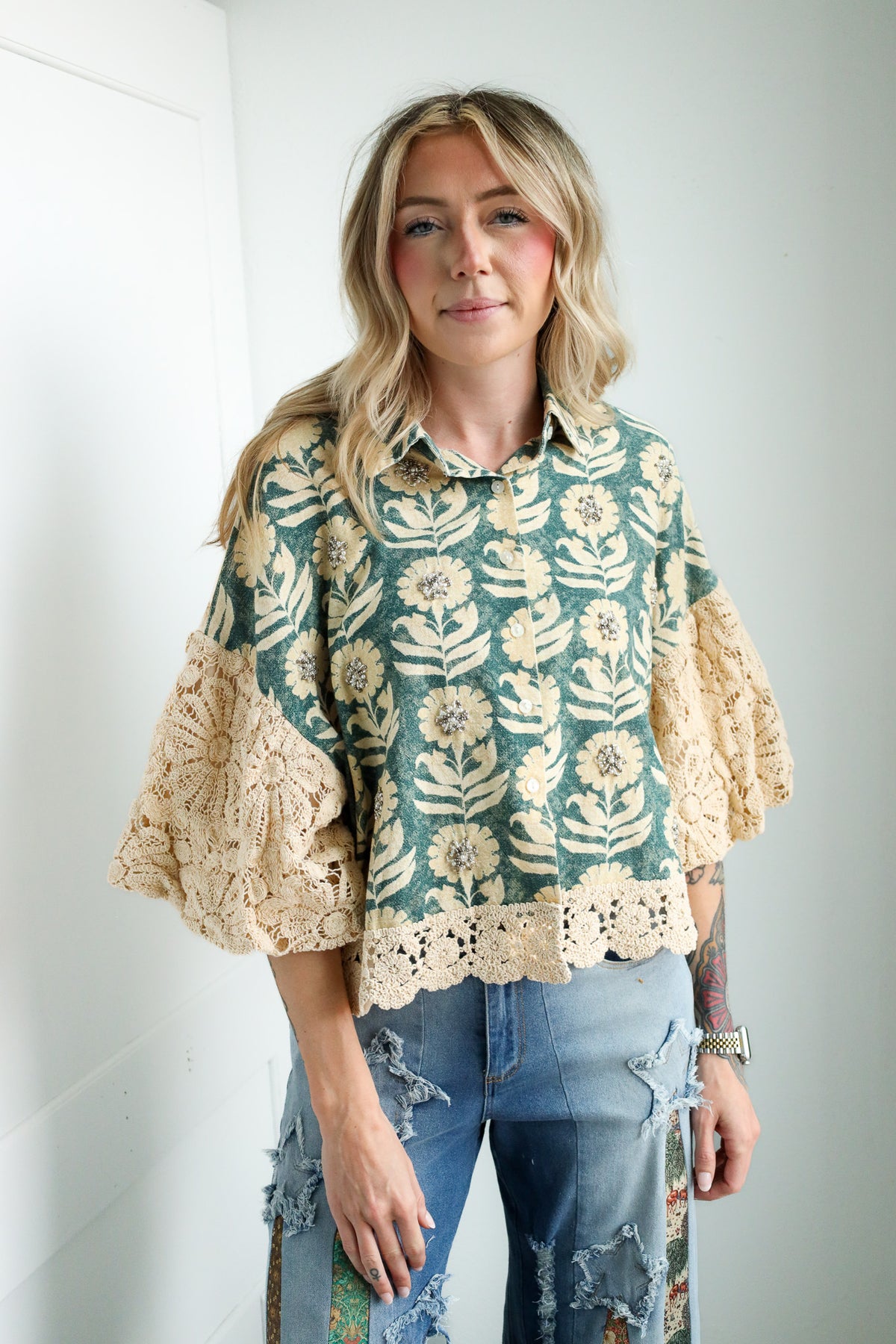 【プリン】patchwork embroidery lace jacket A Rare Bird Botanical Lace Sleeves Beaded Jacket – Maverick
