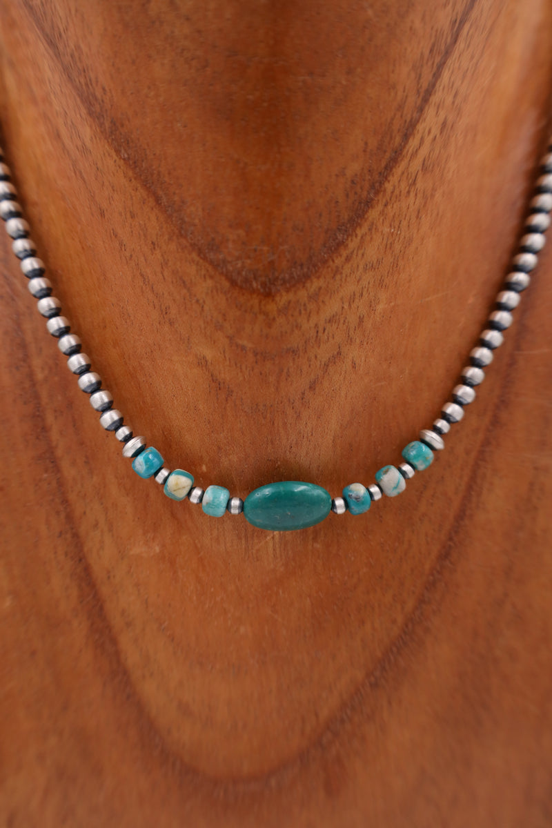 14" Turquoise Bean With Bead On Navajo Pearls Necklace 