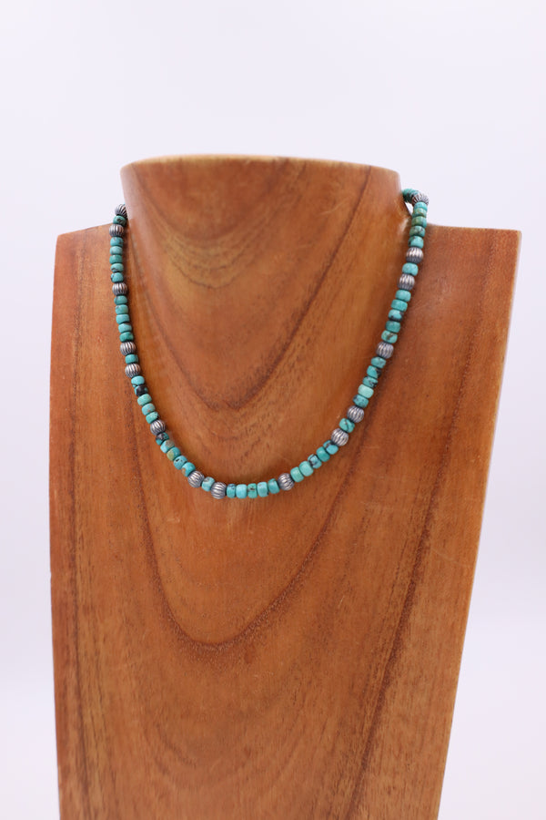 16" Turquoise Beads With Fluted Navajo Pearls Necklace