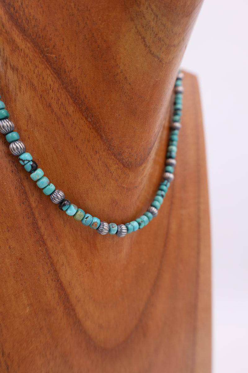 16" Turquoise Beads With Fluted Navajo Pearls Necklace