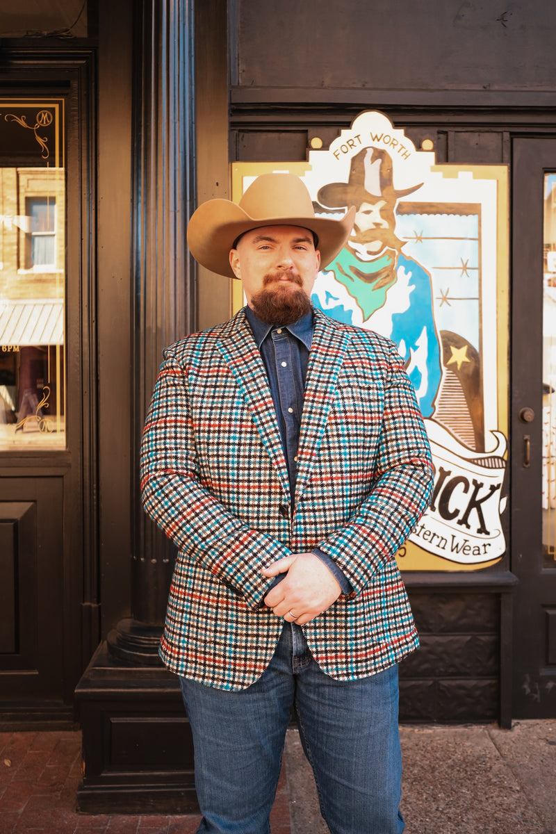 BYRON TEAL, BROWN AND ORNAGE CHECK SPORT COAT 