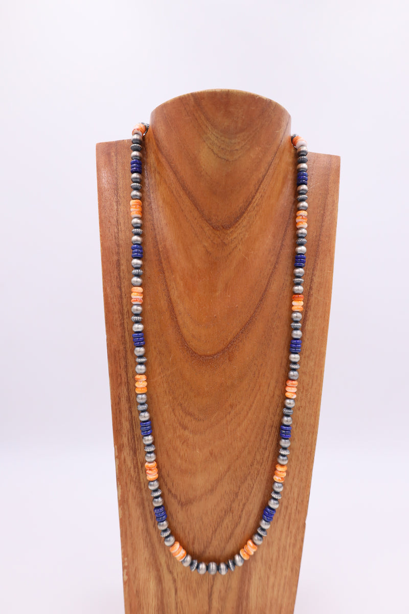32" Spiny Oyster And Lapis Navajo Pearls Necklace