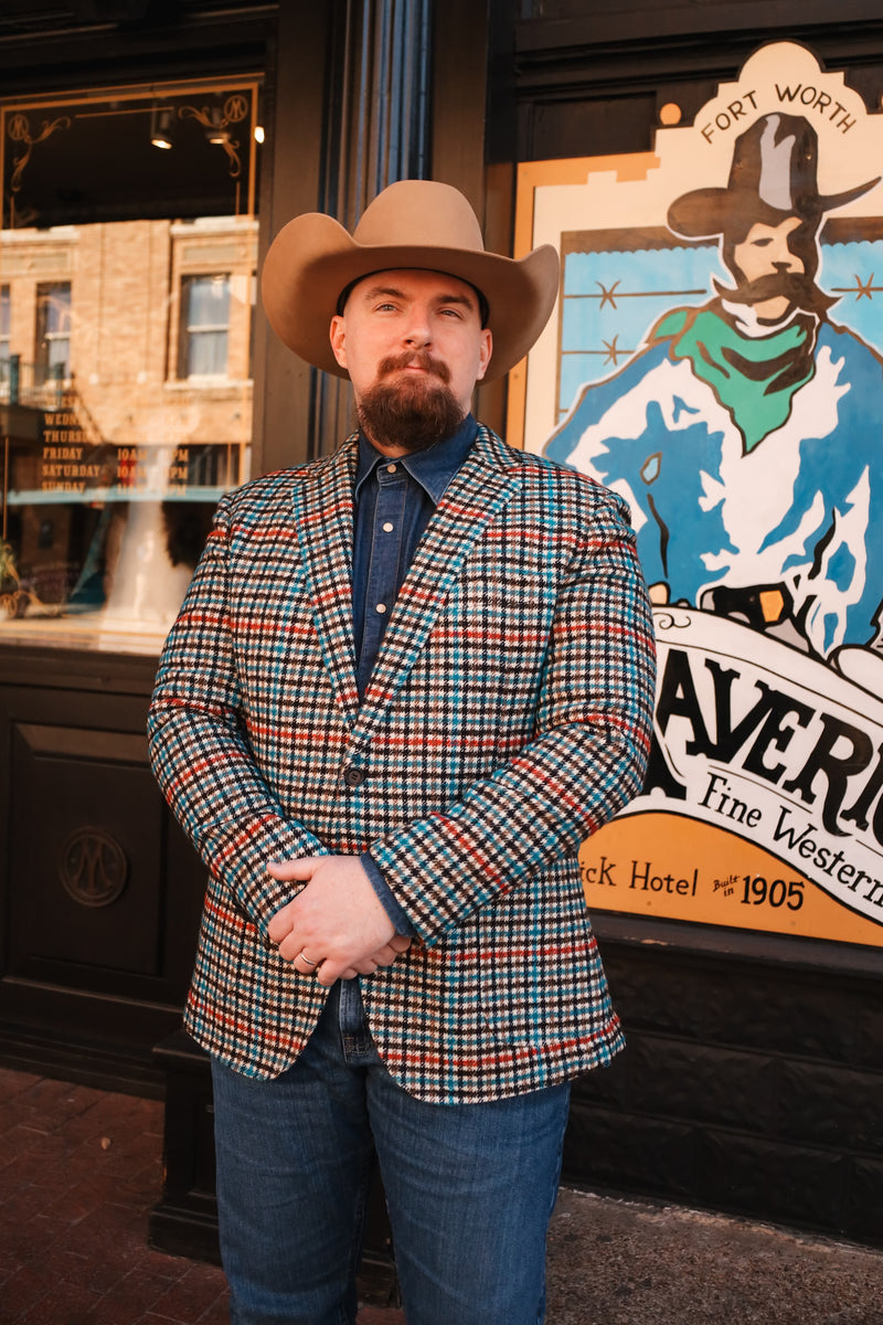 BYRON TEAL, BROWN AND ORNAGE CHECK SPORT COAT 