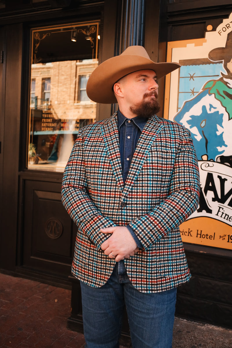 BYRON TEAL, BROWN AND ORNAGE CHECK SPORT COAT 