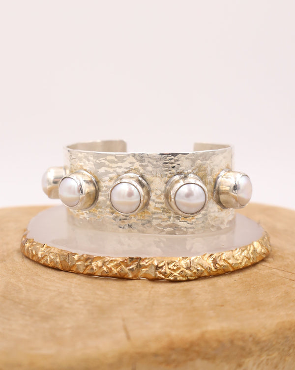 hammered sterling silver cuff with 5 pearls on front