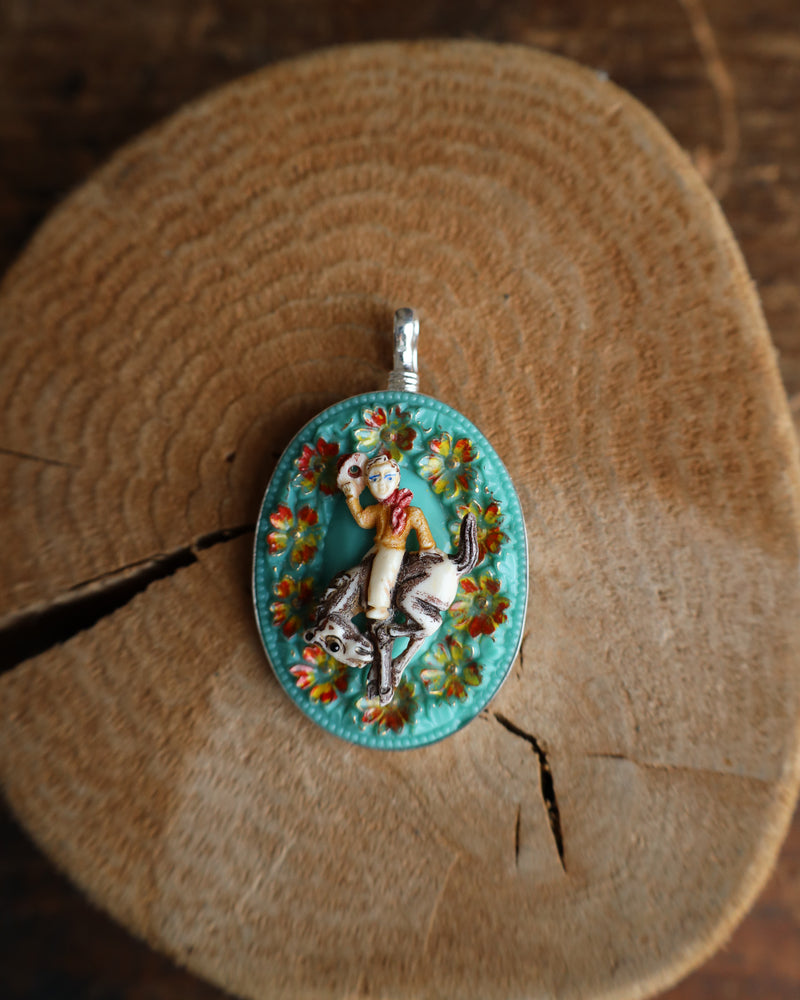 Coreen Cordova Cowboy Turquoise Glass Flower Pendant