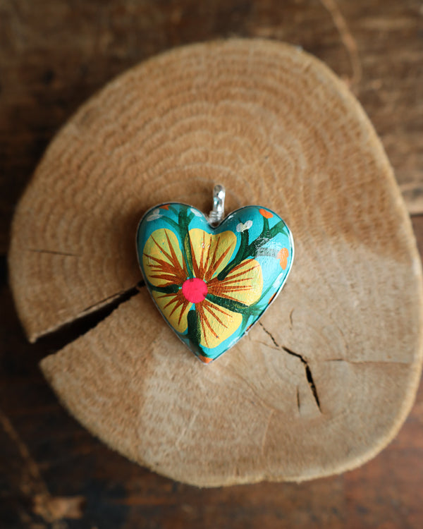 Coreen Cordova Flower Heart Yellow and Turquoise Pendant 