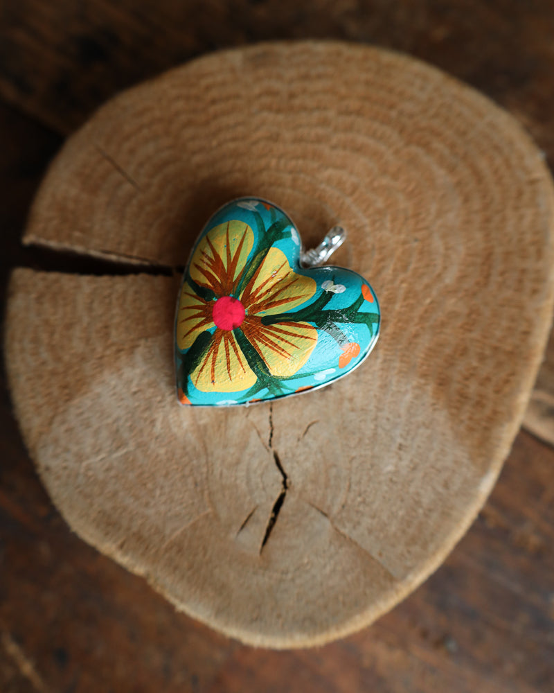 Coreen Cordova Flower Heart Yellow and Turquoise Pendant 