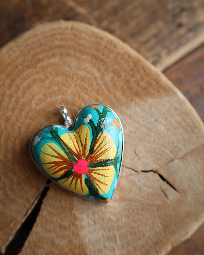 Coreen Cordova Flower Heart Yellow and Turquoise Pendant 