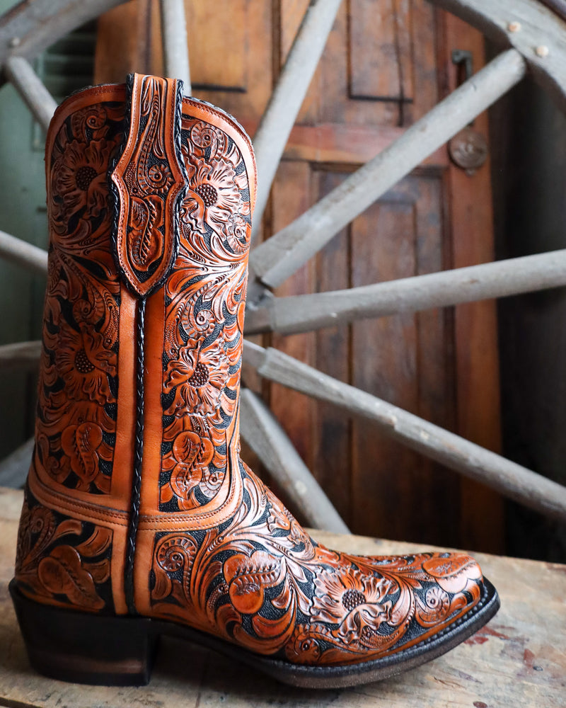 BLACK JACK MEN'S HAND TOOLED MEDIUM MAHOGANY AND BLACK BOOT