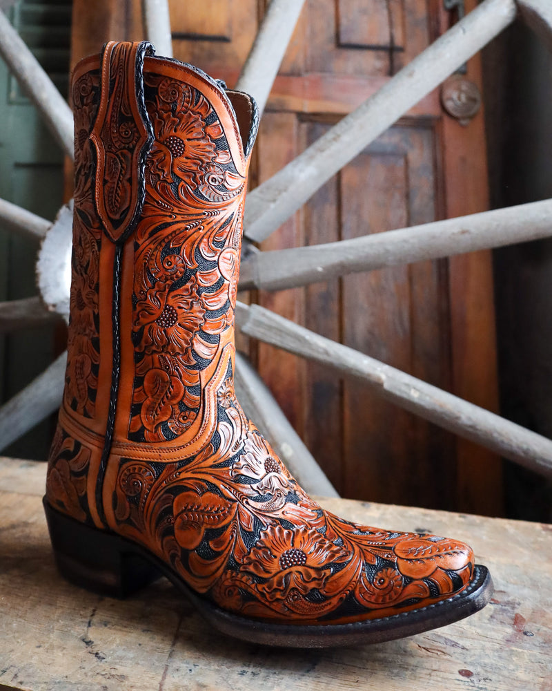 BLACK JACK MEN'S HAND TOOLED MEDIUM MAHOGANY AND BLACK BOOT