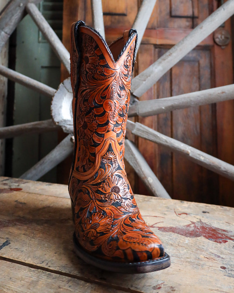 BLACK JACK MEN'S HAND TOOLED MEDIUM MAHOGANY AND BLACK BOOT