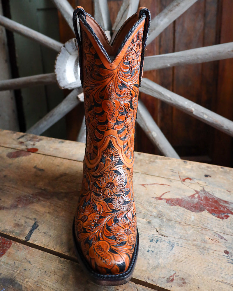 BLACK JACK MEN'S HAND TOOLED MEDIUM MAHOGANY AND BLACK BOOT