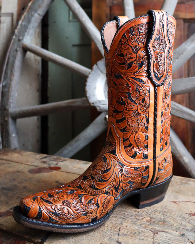 BLACK JACK MEN'S HAND TOOLED MEDIUM MAHOGANY AND BLACK BOOT