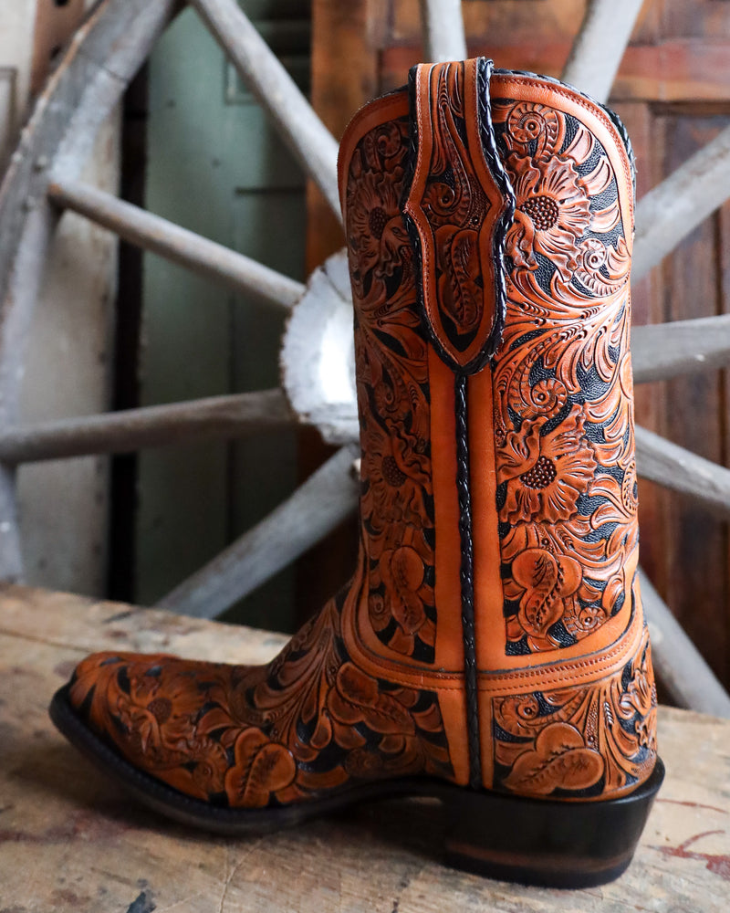 BLACK JACK MEN'S HAND TOOLED MEDIUM MAHOGANY AND BLACK BOOT