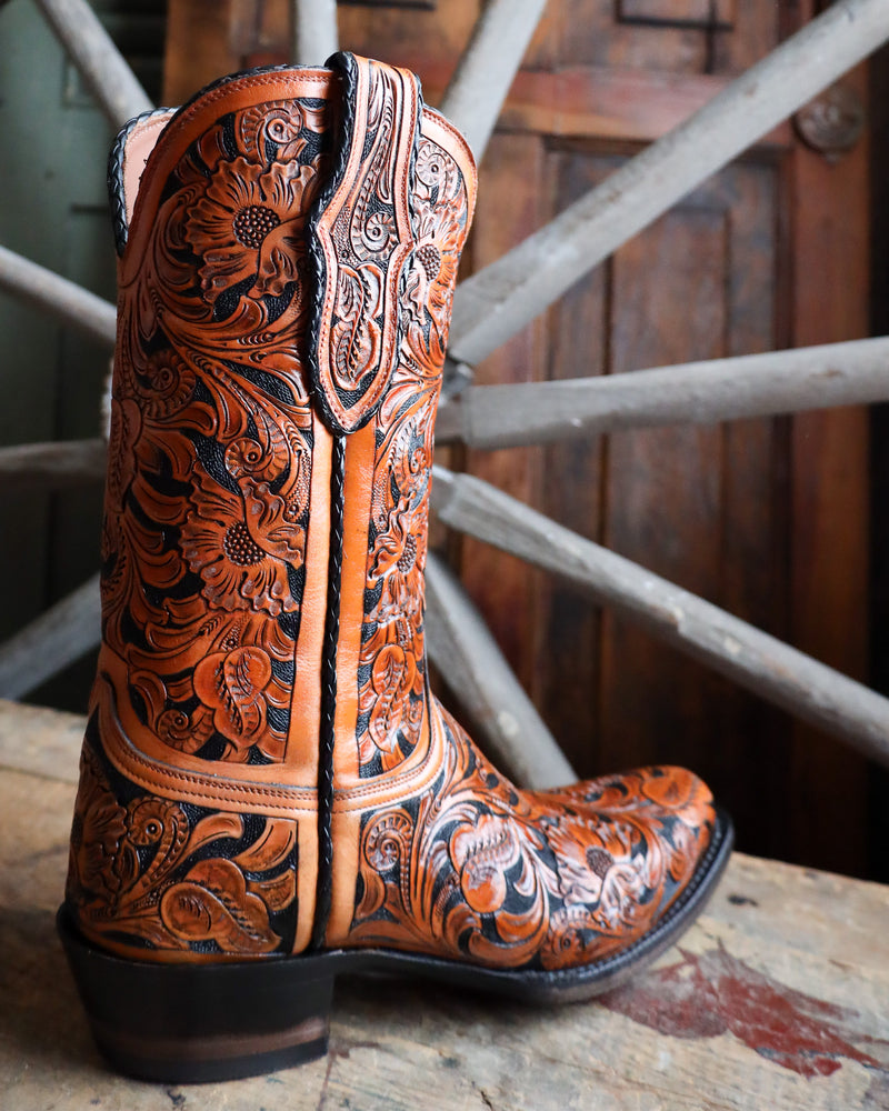 BLACK JACK MEN'S HAND TOOLED MEDIUM MAHOGANY AND BLACK BOOT