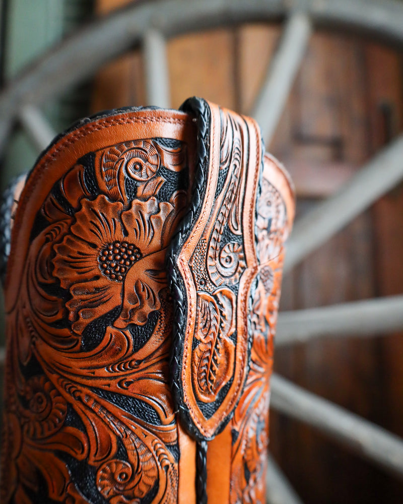 BLACK JACK MEN'S HAND TOOLED MEDIUM MAHOGANY AND BLACK BOOT