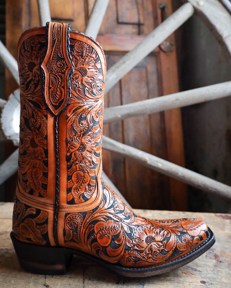 BLACK JACK MEN'S HAND TOOLED MEDIUM MAHOGANY AND BLACK BOOT